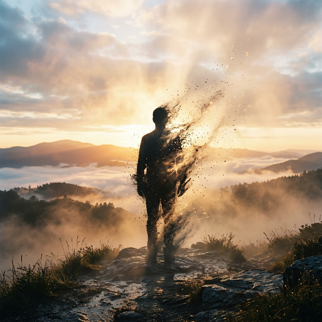 Silhouette of a person dispersing into particles on a mountain at sunset