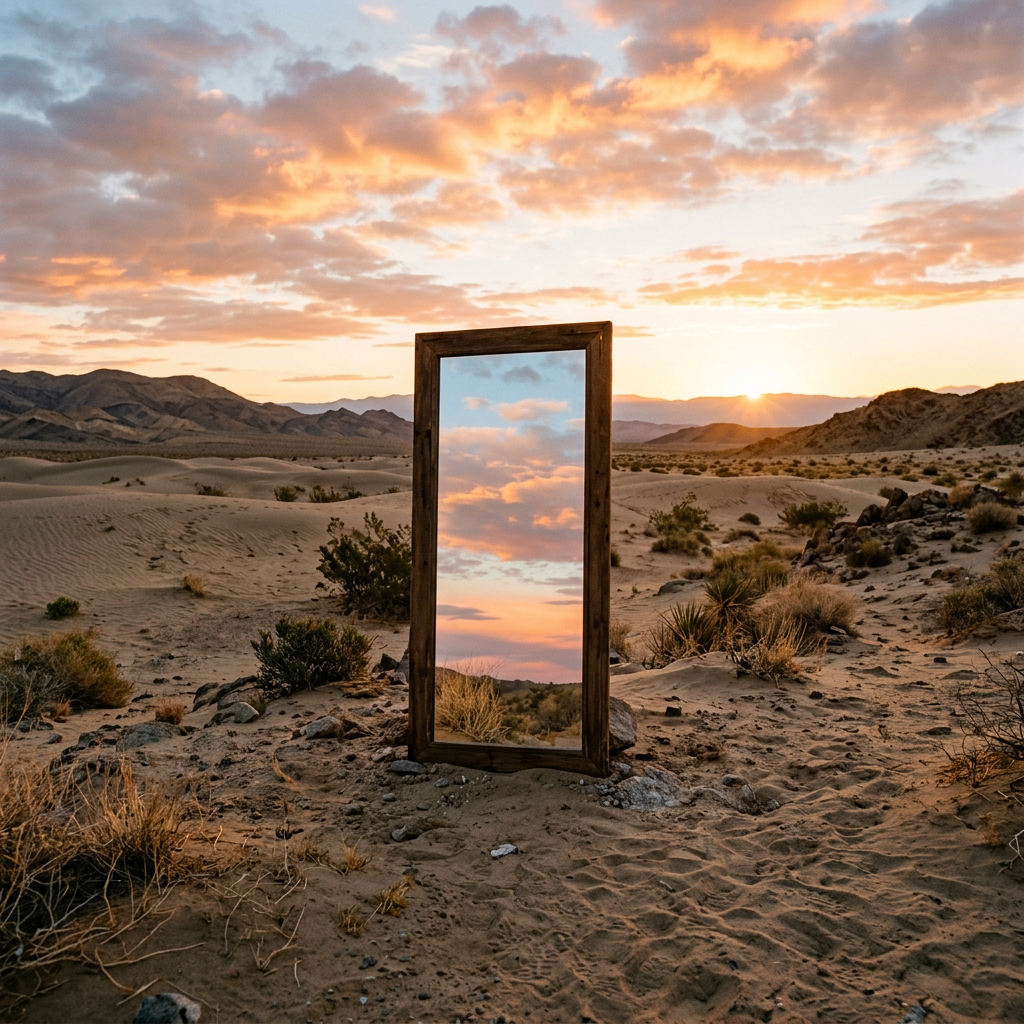 Tall mirror on desert sand reflecting pink and blue sunset clouds