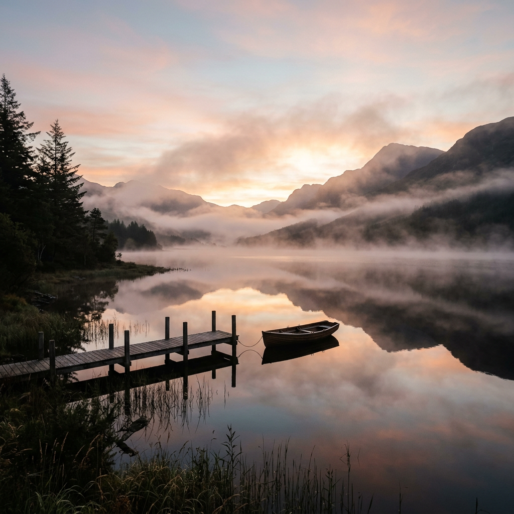 Calm lake with mist, wooden dock, and rowboat at sunrise