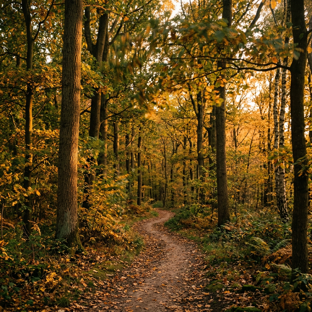 Dirt path winding through dense trees with yellow and green autumn leaves